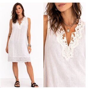 Carla Conti White Linen Lace Trim Sleeveless Dress Embroidered Boho XL